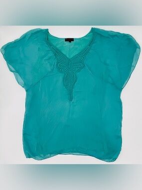 Carla Conti 100% Silk Butterfly Blouse with Crochet Trim and Lined, Size Small